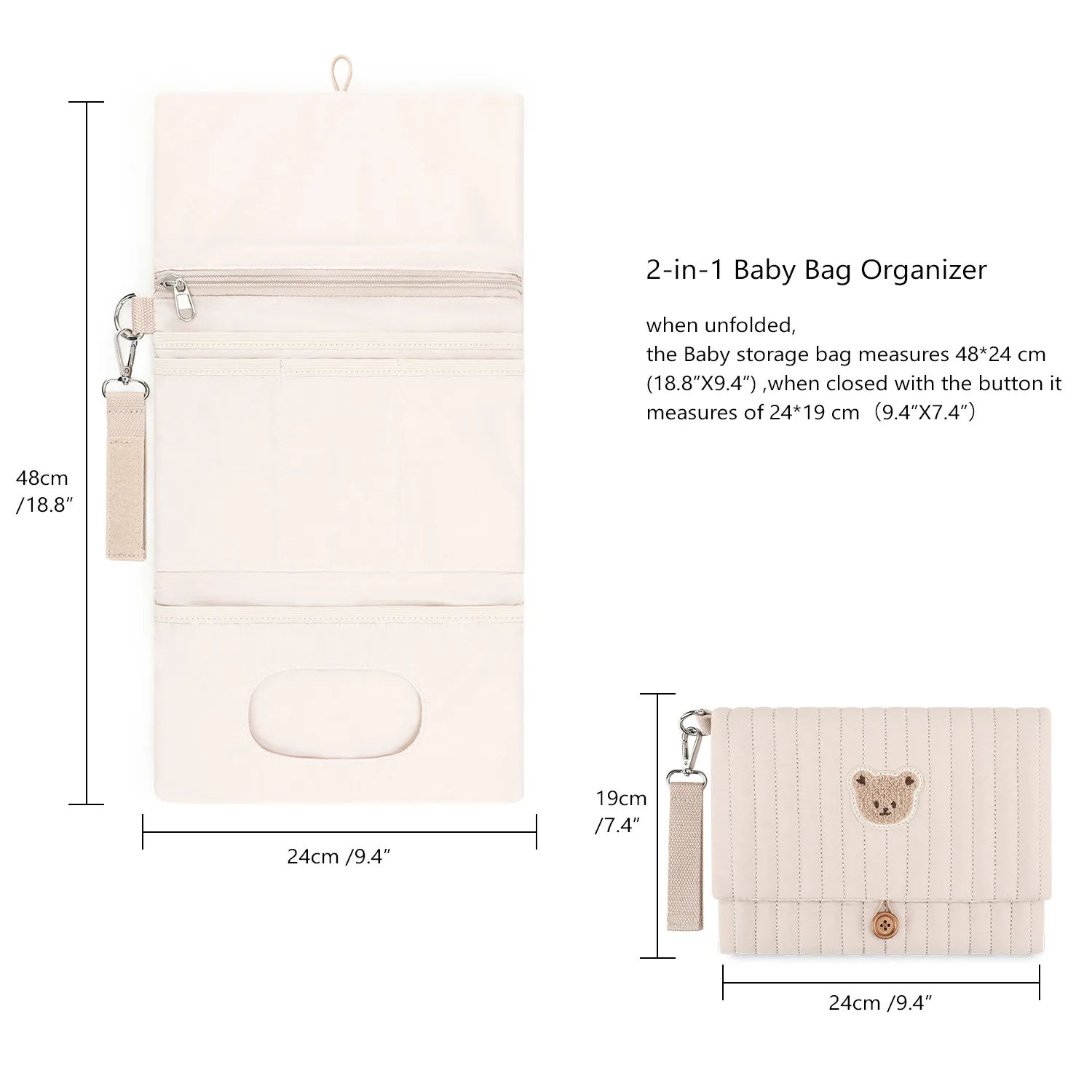 حقيبة تنظيم الحفاضات المعلقة القابلة للطي - حقيبة تخزين أساسيات متعددة الأقسام مع حامل المسح وجيب الحفاضات