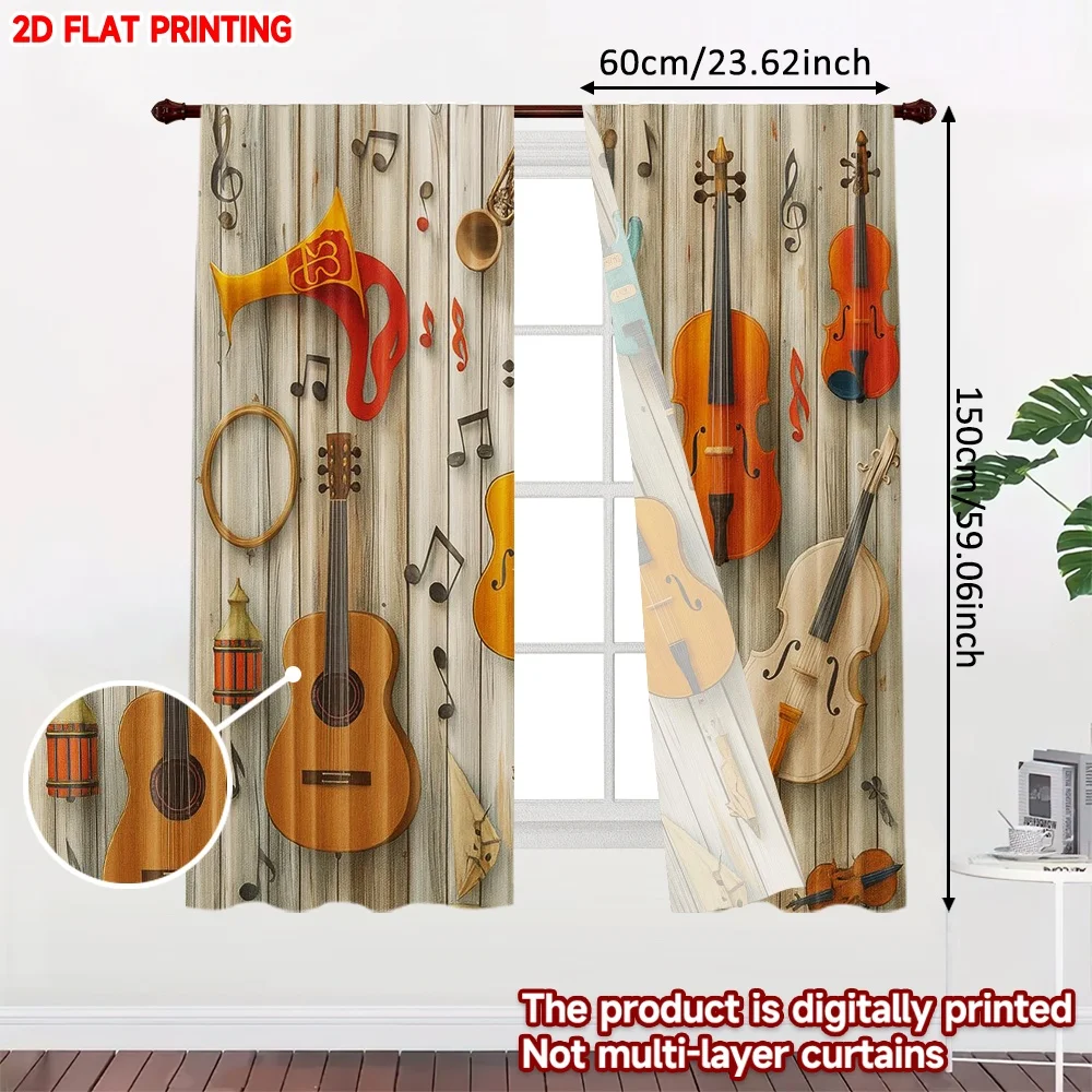 2D flat printing 2pcs Window Curtains Colorful Musical Instruments Display Digital Printed Polyester Drapes Birthday Party Use
