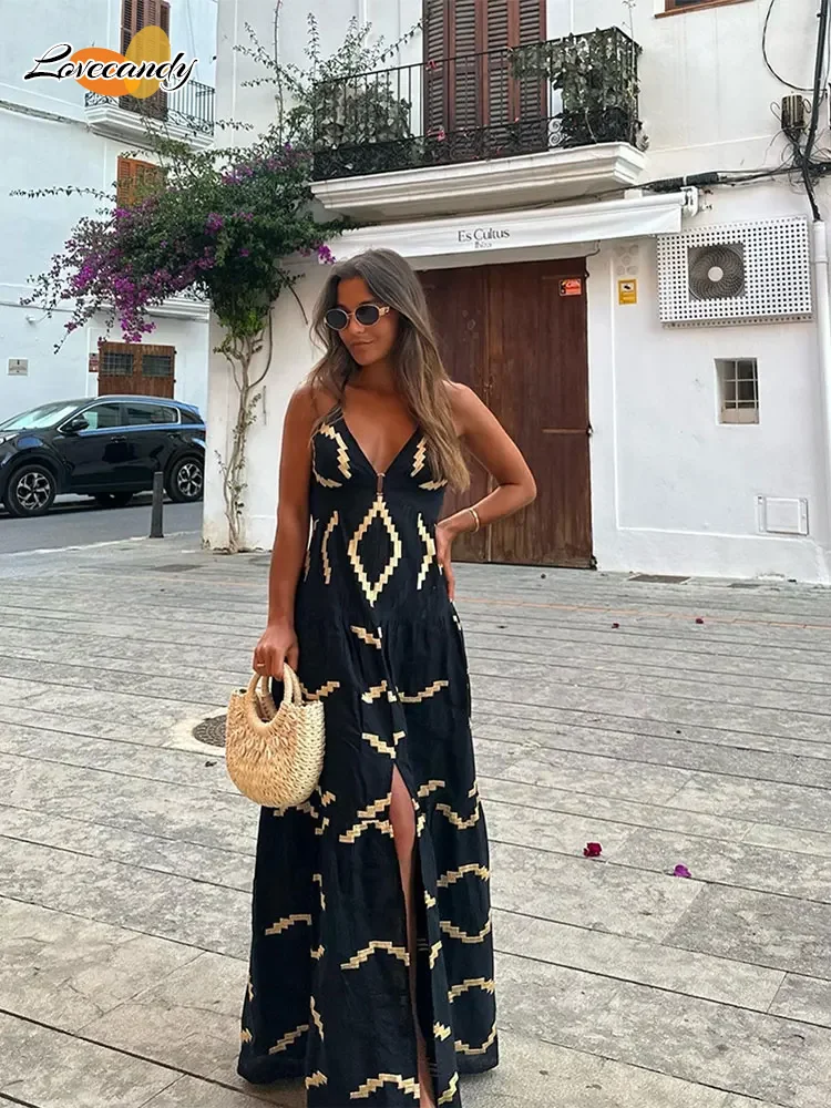 

Fashion Printed Hollow Out Spaghetti Strap Maxi Dresses For Women Sexy V Neck Backless Splited Vetidos Summer Lady Street Robes