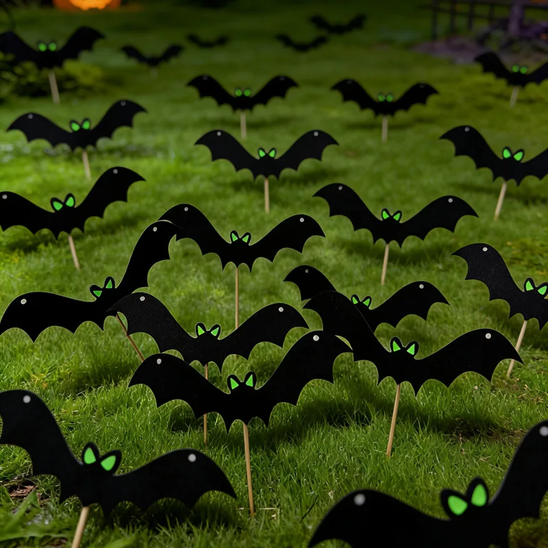 6-Pack Halloween Waterproof Felt Bat Yard Stakes Featuring Glowing Green Eyes, Spooky Lawn Sign Ornaments,Halloween Decorations