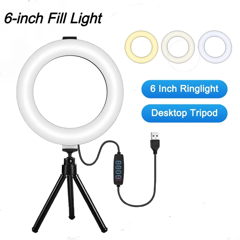 6 Inch Mini LED Selfie Ring Light Desktop Video Lamp With Tripod Stand USB Plug For YouTuber Live Vlog Makeup Studio