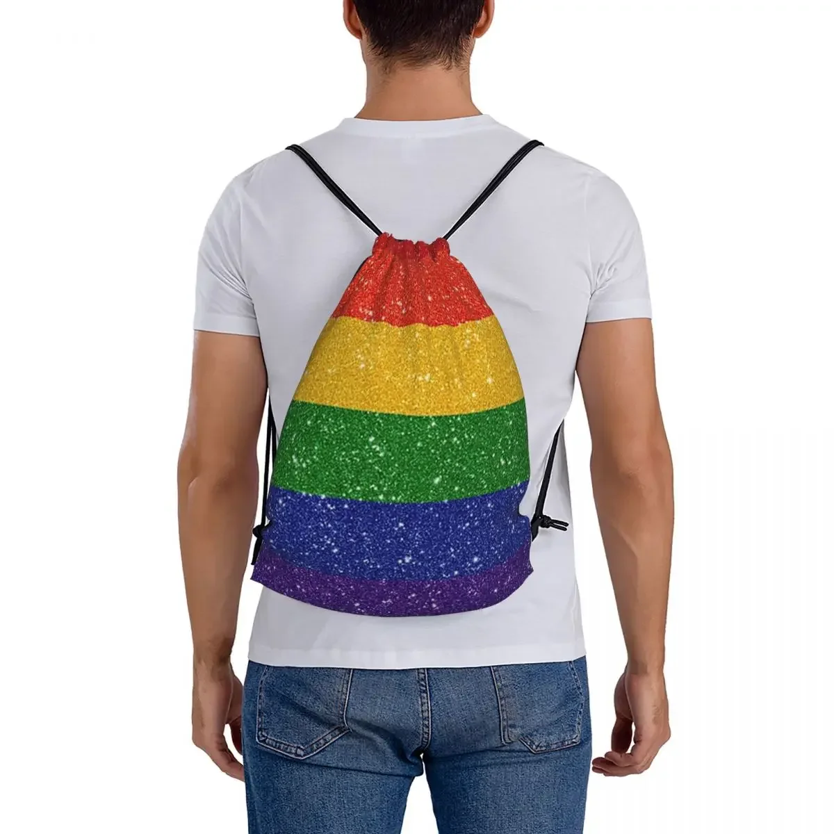 Faux Glitter LGBTQ Pride Rainbow Flag Background Backpacks Drawstring Bags Drawstring Bundle Pocket Sports Bag BookBag