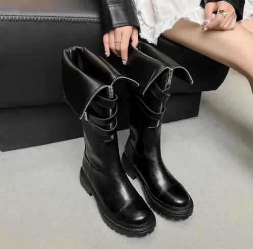 Fashion Girls Black Cow Real Leather Round Toe Patchwork Zipper Front Belt Buckle Fold 5 CM Heels Knee High Knight Boots Shoes