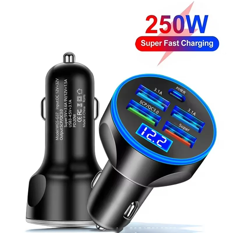 

250W LED Digital Display 5 Port Car Charger For iPhone Xiaomi Huawei Realme OPPO Super Fast Charging Driving Travel Charging Kit