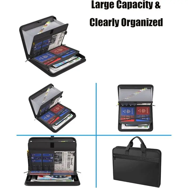 Stylish-Fireproof File Folder, A4 Size, Waterproof Foldable Accordion Document Storage Bag With Handle-Large Capacity