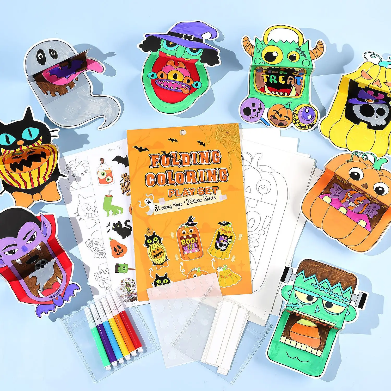 Halloween Magic Folding Painting Children's Cartoon Festival 8 Monster Sheets 6 Coloring Pen DIY Fun Puzzle Folding Painting Set