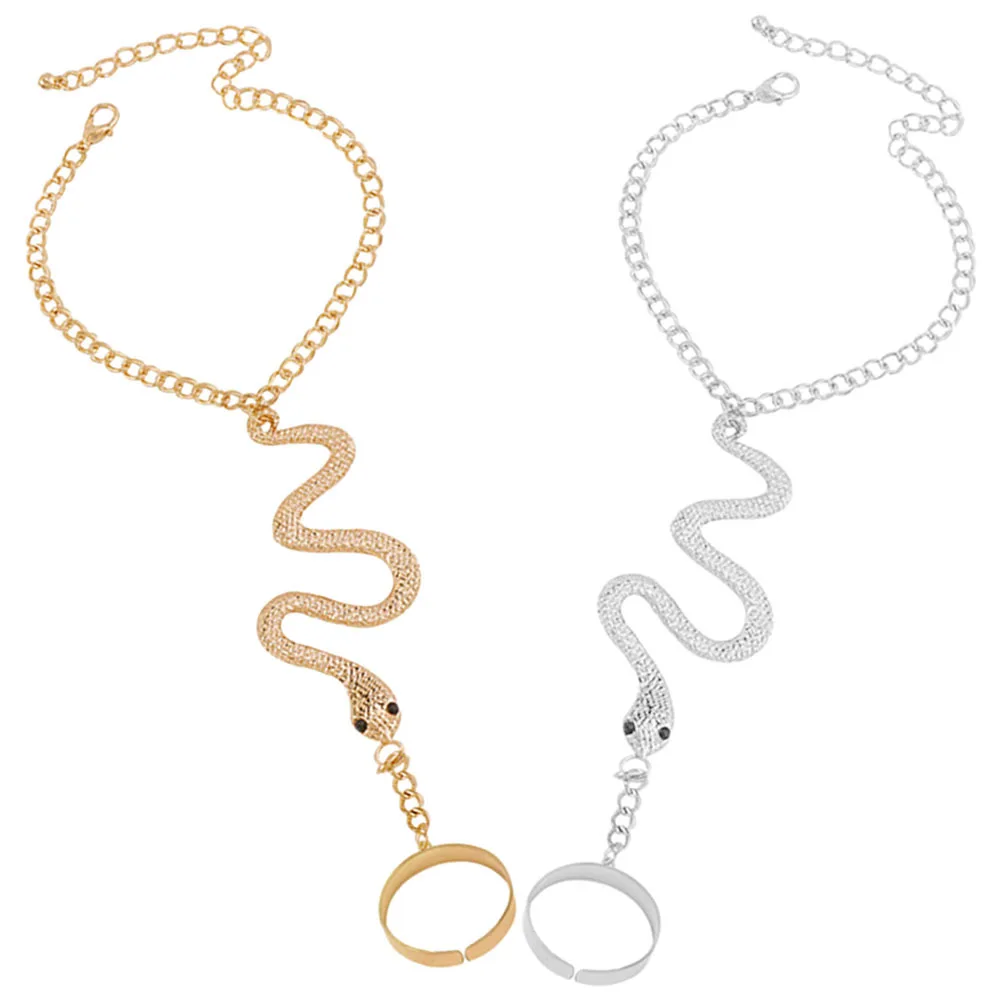 2 قطعة خواتم الحفلات الرجعية مع سلاسل حفلة موسيقية يومية هدية ثعبان حلقة سوار خواتم اليد ثعبان حلقة سوار سلسلة اليد #5