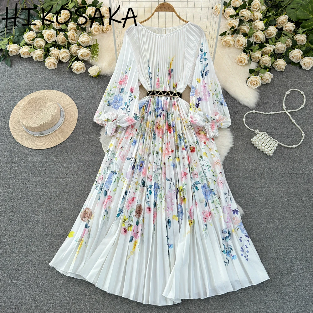 

Fashion Elegant Lantern Long Sleeve O-neck Dress Slim Waist A-line Pleated Print Robe Spring Summer Casual Vestidos Mujer