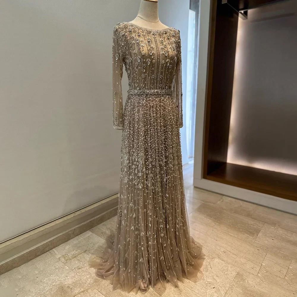 Dubai diseñador árabe de lujo desnudo una línea vestidos de noche con cuentas vestidos para ocasiones formales 2025 LA72088 personalizado