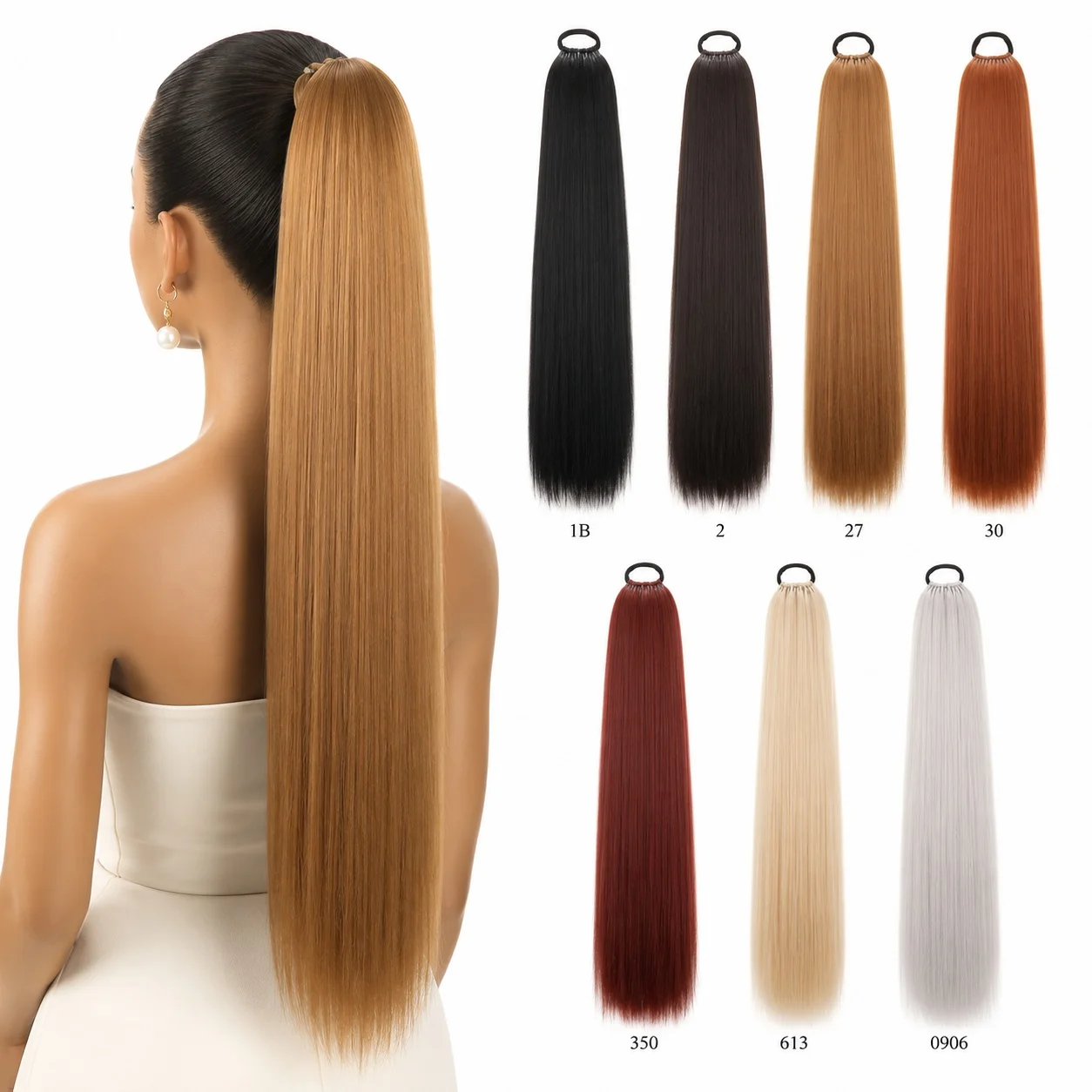Ponytail Hair Extensions for Black Women, Heat Resistant High Temperature Fiber Long Straight Rubber Band Ponytail, 24inch 110g