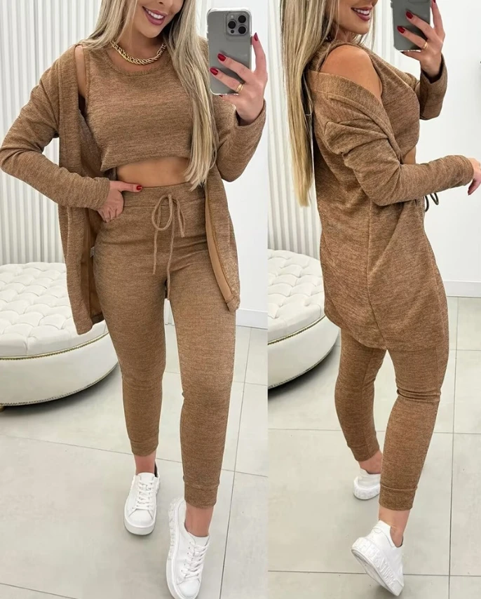 

Women's Suit Set Autumn and Winter Casual Round Neck Tank Top and Pocket Drawstring Pants Set With Open Front Long Sleeve Coat