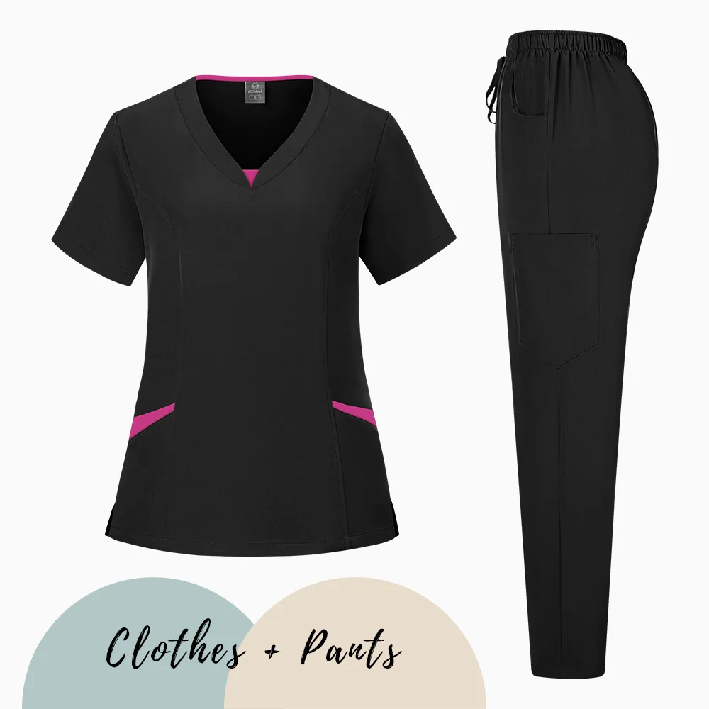 Elastyczna odzież z krótkim rękawem i dekoltem w kształcie litery V, szczotkowana do klinik dentystycznych, salonów kosmetycznych, sal operacyjnych i pielęgniarek