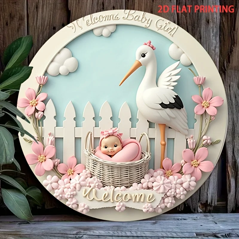 2D Flat, 1pc Rustic Vintage Welcome Baby Girl Scene Round Sign - Iron Wall Decoration with Pre-Drilled Holes, 2D Flat Printed St