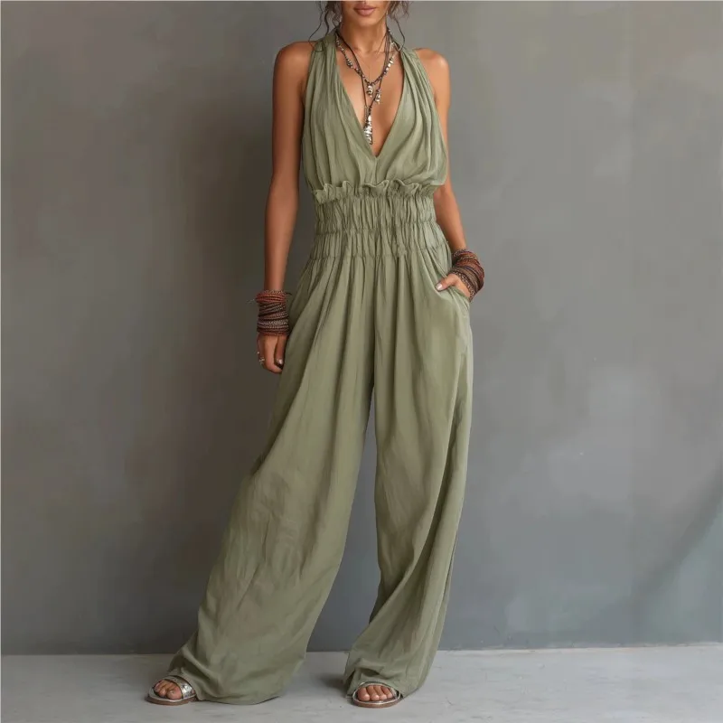 Sexy Deep V-neck Jumpsuit Summer Fashion Solid Color High Waisted Sleeveless Jumpsuits Foreign Style Lady Streetwear With Pocket