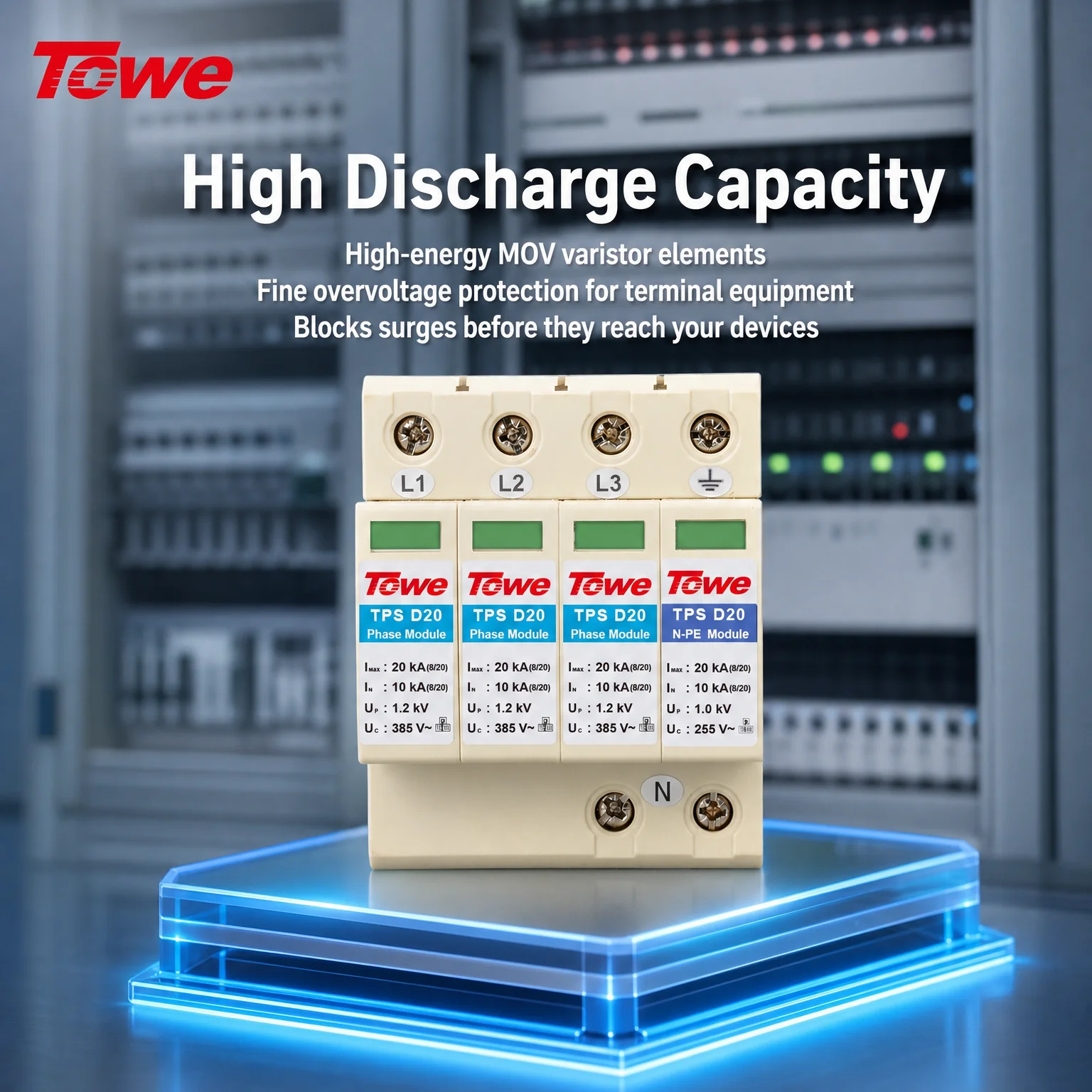 TOWE Type 3 SPD Surge Protective Device 20kA Class D Surge Protector 385V Modular DIN Rail 1P+N 3P 4P for AC 230/400V