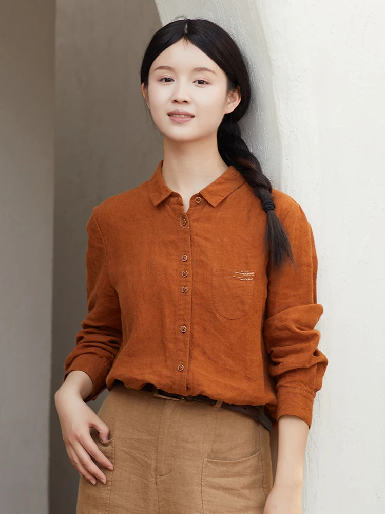 

Artistic Flaxen Long Sve irt Age-Defng 4 Teads Color Woven Autumn New Arrival Women's Loose Fit Collar irt