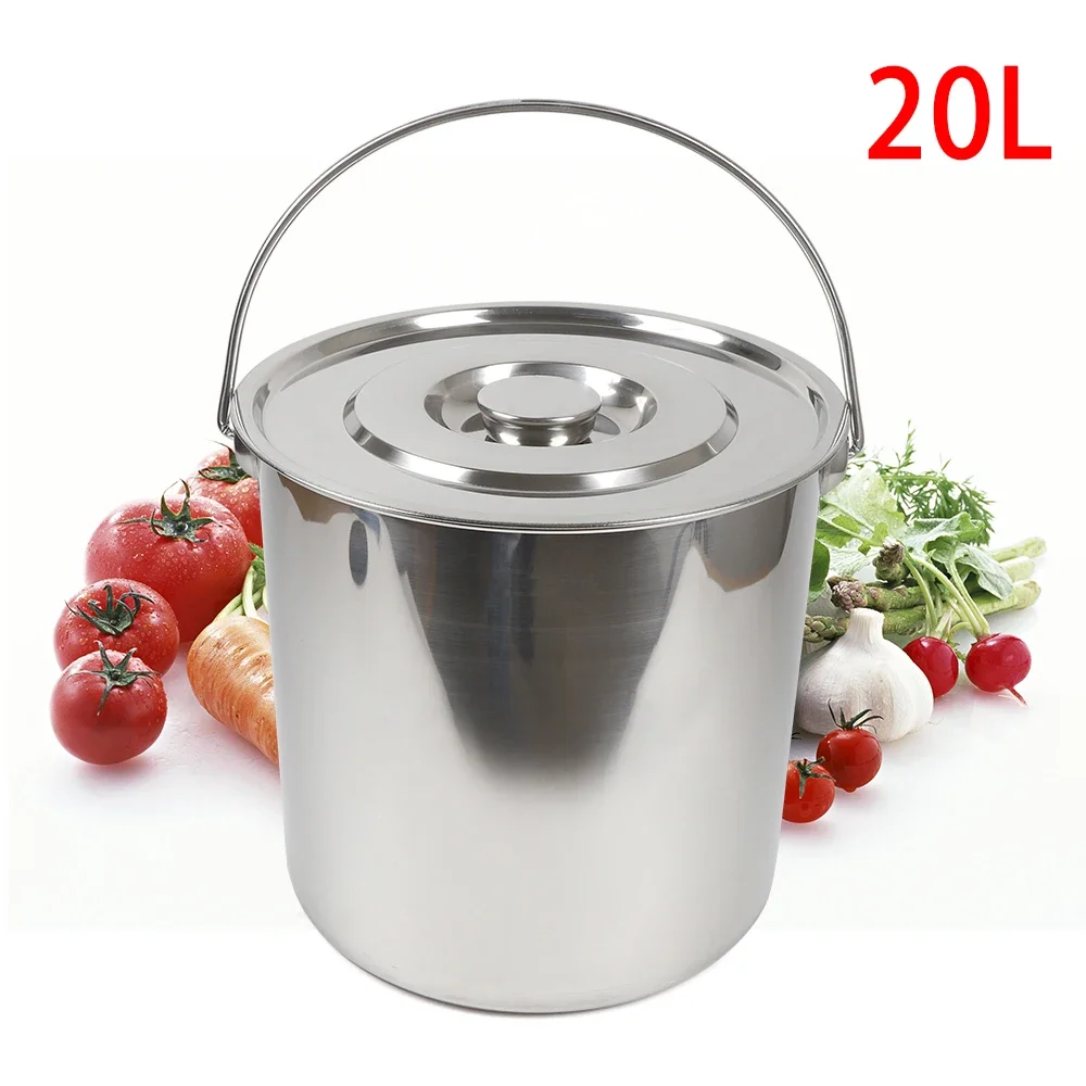 Silver Stainless Steel Water Pail 20L With Handle Lid Heavy Duty Metal Storage Bucket For Household Kitchen Catering Restaurant