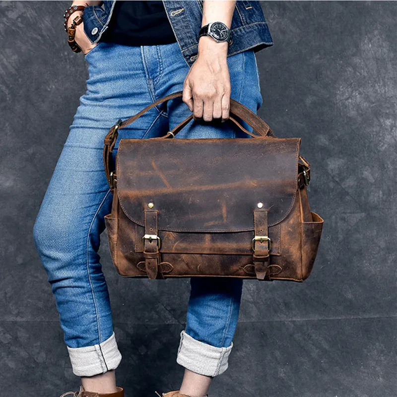 

Crazy Horse Leather Men's Handbags Messenger Bag 14 Inch Laptop Briefcase Crossbody Shoulder Bag Vintage British Wind Bags