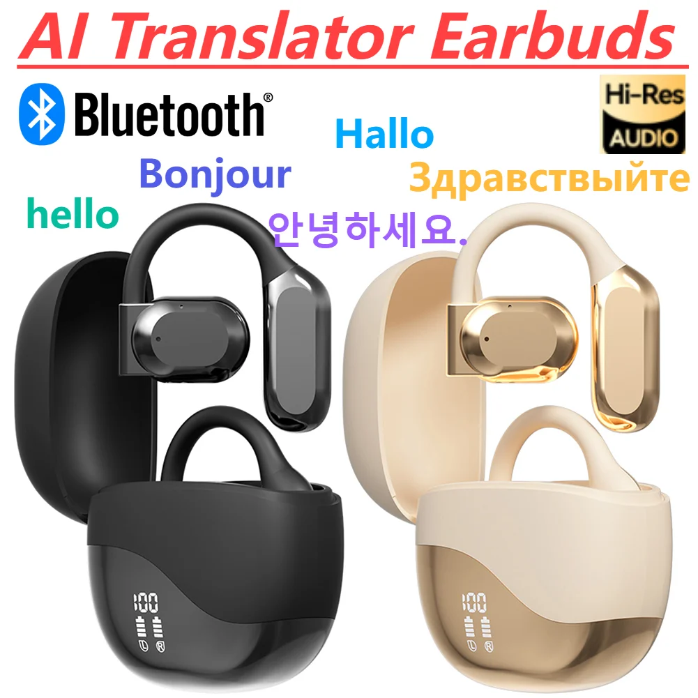 Real Time AI Translator Earbuds Wireless Bluetooth 5.4 Noise Cancelling Smart Voice Translator Ear Hook Translation Earphones