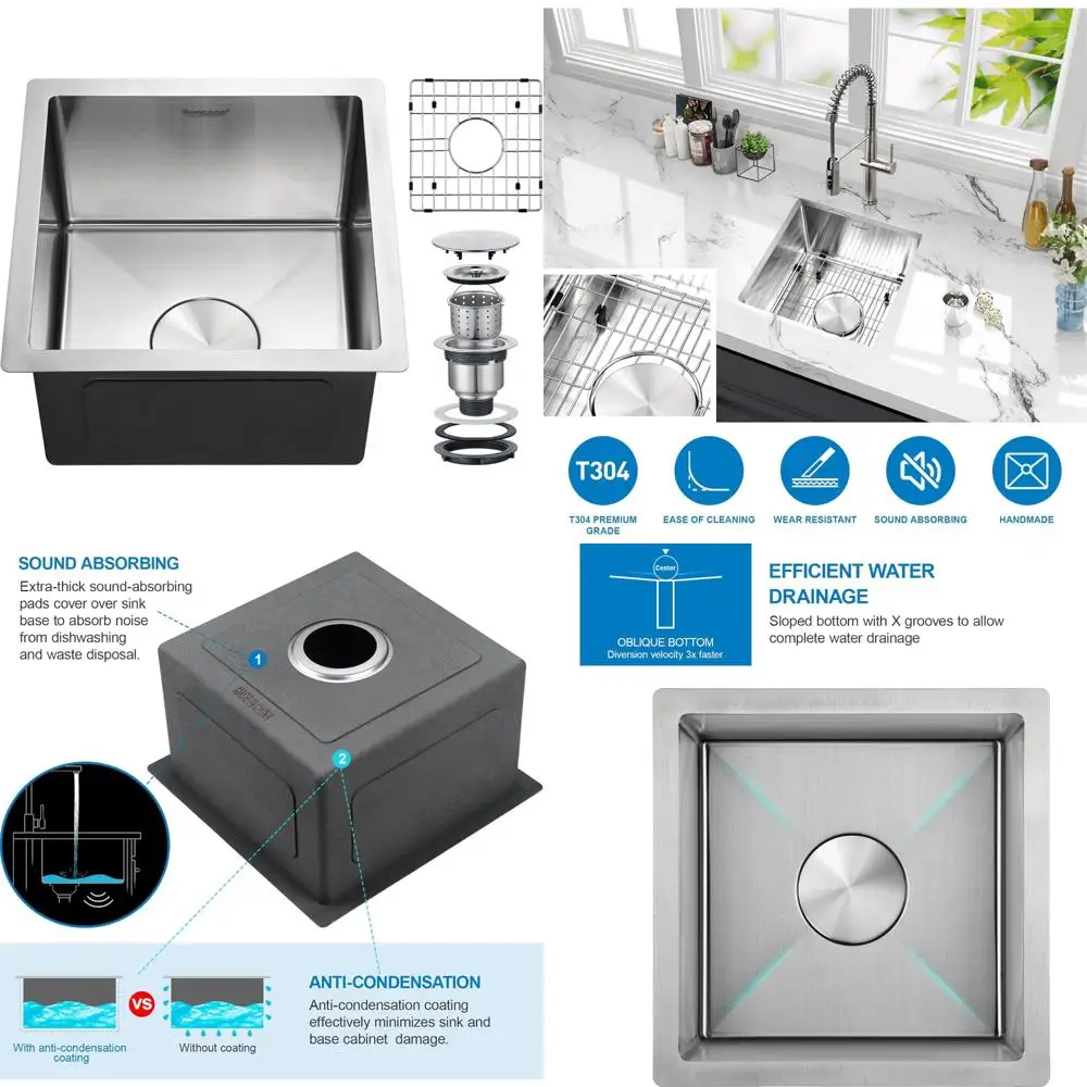 

Stainless Steel 15x15 Inch Undermount Bar Sink, Single Bowl for Small Kitchen, Handcrafted with Rinse Grid for Wet Bar Use