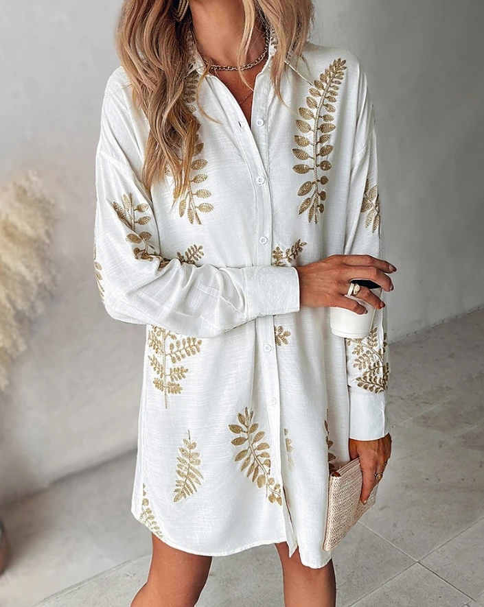 

Womens Dresses 2024 Spring Leaf Embroidery Long Sleeve Casual Turn-Down Collar Button Daily Vacation Mini Straight Shirt Dress