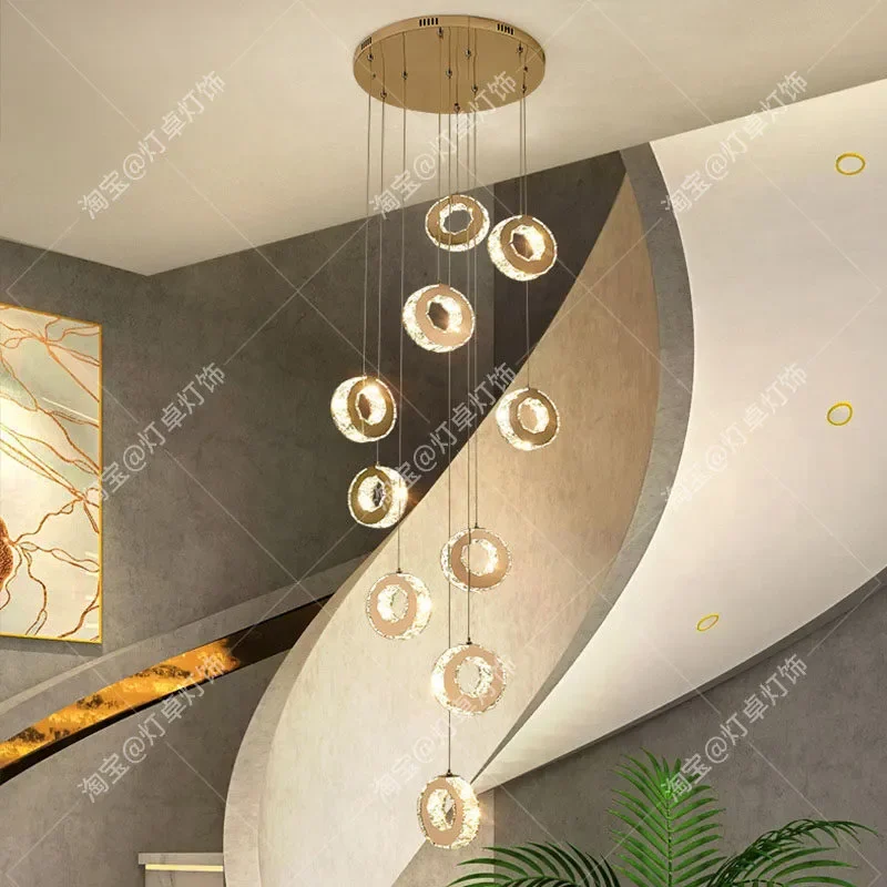 Modern Simple Large Ring Crystal Chandelier for Duplex Living Room Staircase Villa Hall Loft Long Hanging Ceiling Light