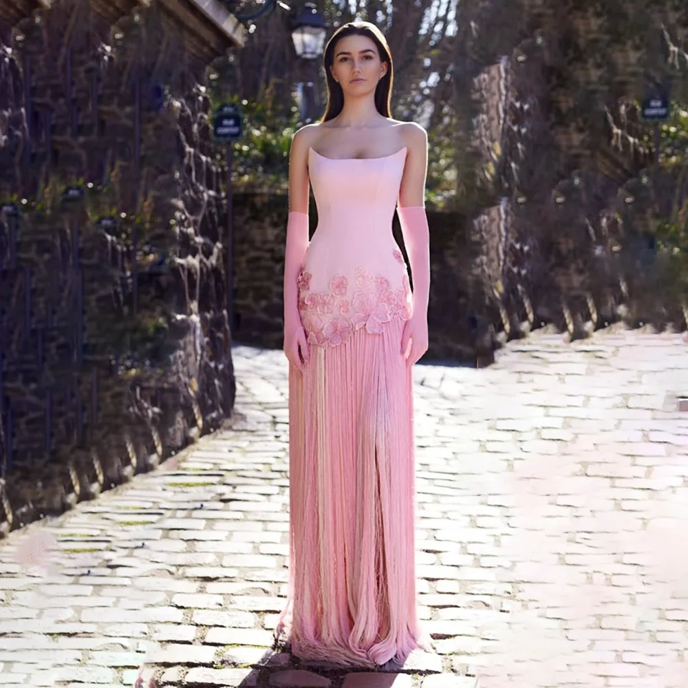 우아한 핑크 꽃 아플리케 여성 댄스 파티 드레스 민소매 바닥 길이 A라인 태슬 파티 연회 가운 베스티도스 데 페스타