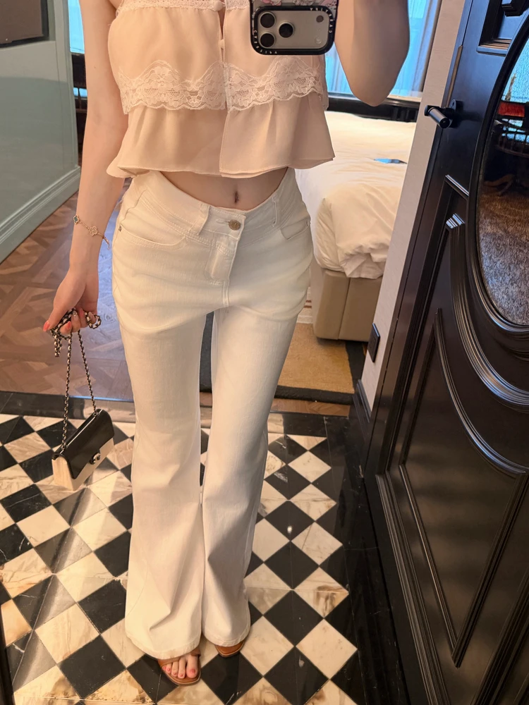 

M900 White Bell Bottom Jeans Women's Summer New Slimming Versatile Small Size Bell Pants Loose Fit mid Stretch Natural Waist
