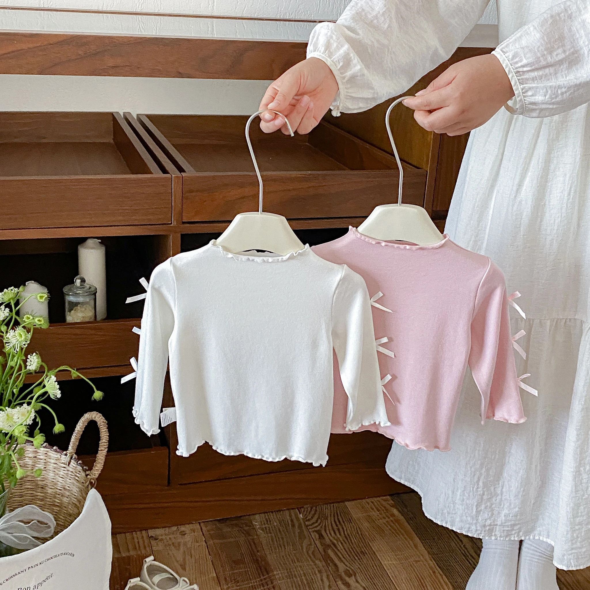 Spring Solid-Color Base Layer, New Spring and Autumn baby Sweet Ear-Style Top, Casual Long-Sleeve T-Shirt