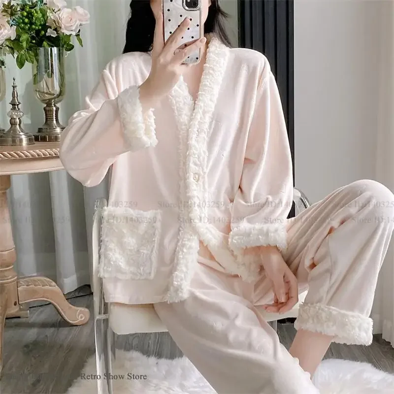 

Женский бархатный пижамный костюм, осенне-зимний новый пижамный комплект из 2 предметов, свободная повседневная велюровая одежда для сна, домашняя одежда, домашняя одежда, пижама