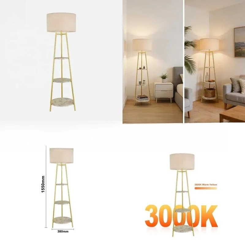 Nordic Luxury Marble 3 Tier Storage Rack with LED Floor Light Strip Modern Decorative Shelf for Living Room Home Organization