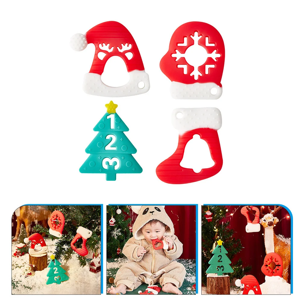 4Pcs Baby Beißring Silikon Sicher Infant Molaren Kauen Relief Weihnachten Zahnen Ring Neugeborenen Geschenk Baby Spielzeug Infant Spielzeug