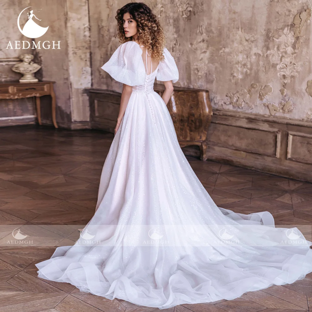 Aedmgh-Robes de mariée Boho A-Line, col bateau, manches bouffantes, dentelle brillante, fente, train court, 2024