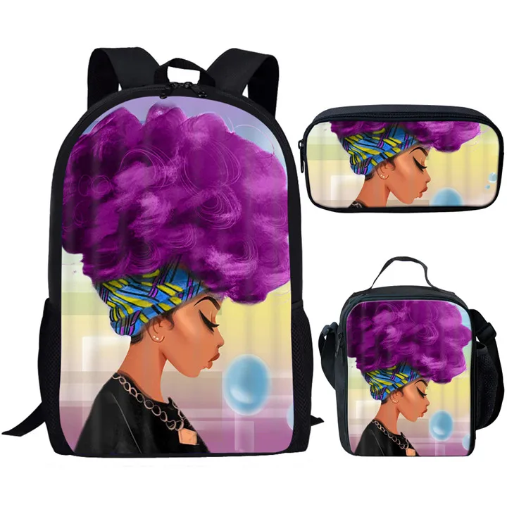 Meninas africanas 3D Print School Bags, Popular e Criativo, Novidade, Aluno, Mochila para Laptop, Mochila, Lunch Bag, Lápis, 3pcs por conjunto