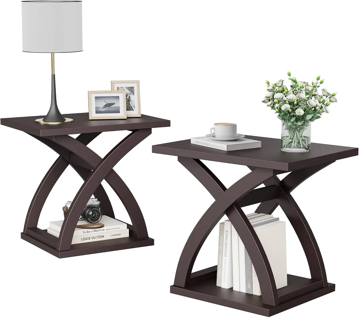 

Modern X-Design End Table Set of 2 with Storage Shelf, Espresso Finish for Living Room