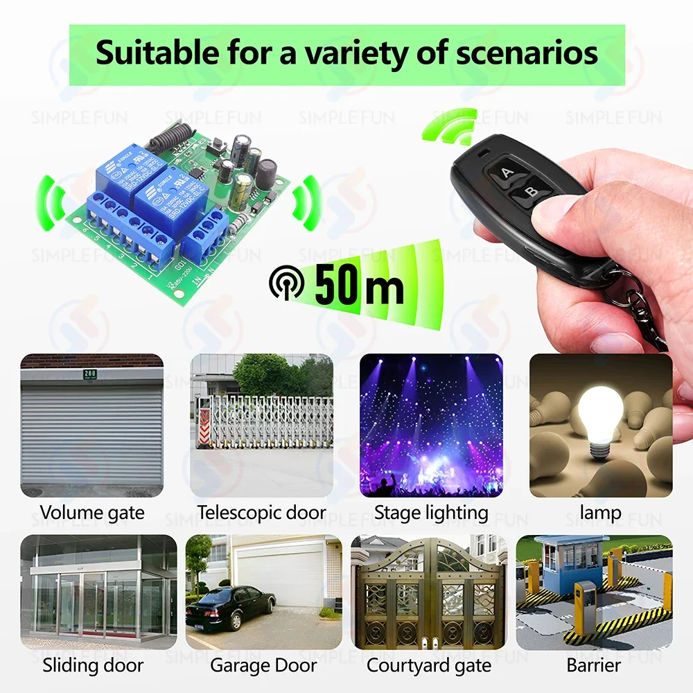 433MHz Light/Garage Gate Universal Wireless Remote Control Switch AC 110V 220V 2CH Relay Receiver,50m Transmitter,for lamp motor