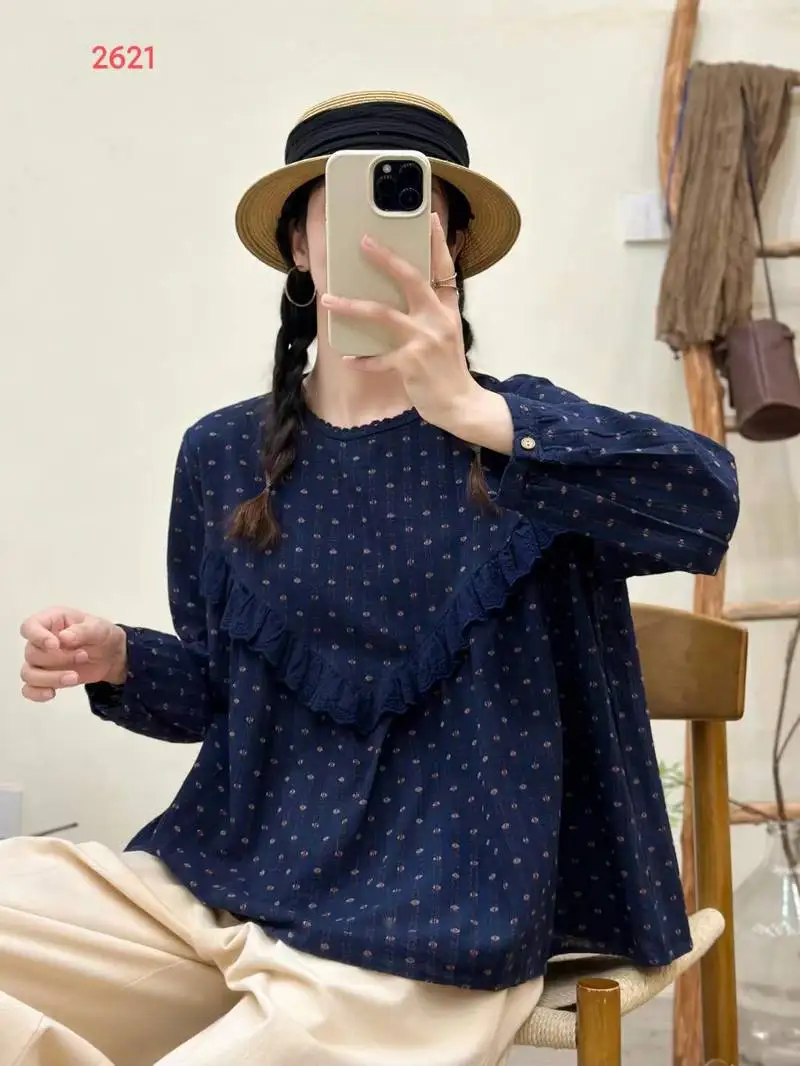 Chemise à manches longues en coton pour femmes, chemisier ample à volants, imprimé à pois, Style Preppy Mori Girl, nouvelle collection automne 2025 T5O551CC