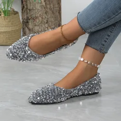 2024 New Women's Single Shoes Round Toe Flat Bottom Sequin Shallow Mouth Casual Comfort Plus Size Bean Shoes 1