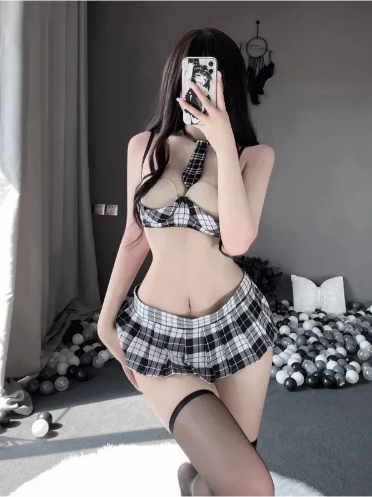 Anime JK Uniform Women Sexy Schoolgirl Cosplay Lingerie Roleplay Temptation Open Bra with Mini Skirt Tie Set Student Costumes