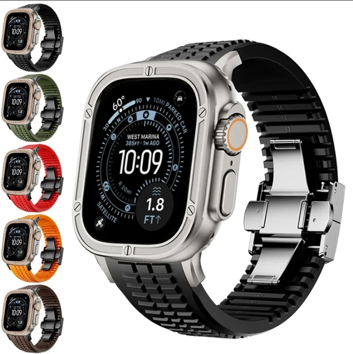 

Stainless Steel Bezel+Silicone Strap For Apple Watch Ultra 3 2 1 Metal Bezel Band For iWatch Series Ultra 49mm Sport Bracelet
