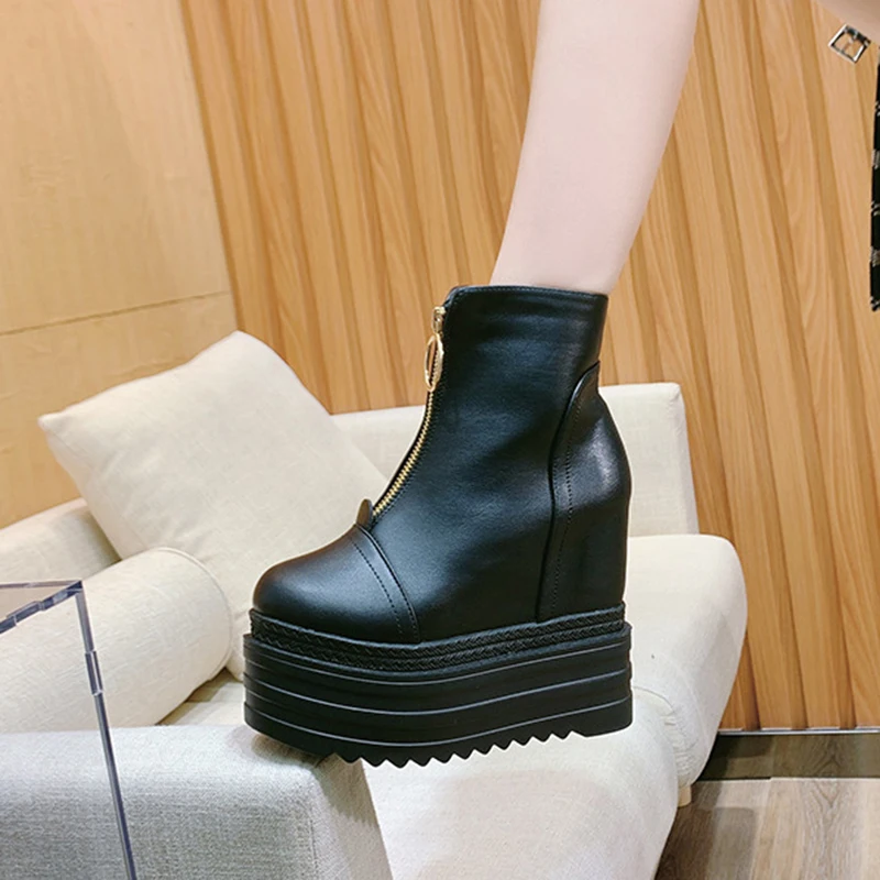 Women's Leather Ankle Boots Platform Shoes Fashion High Heels 14cm Female Ankle Boots Autumn Winter Shoes Thick Sole Women Boot