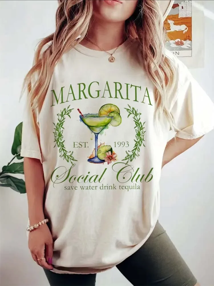 Margarita Social Club Trendy Cute Clothing Print Short Sleeved T-Shirt Casual O-Neck Women\'s Fun Pattern Summer Top T-Shirt.