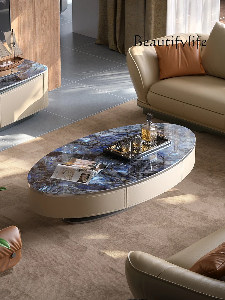 Light Luxury Stone Plate Living Room Stainless Steel Coffee Table Combination Natural Marble Designer round Tea Table