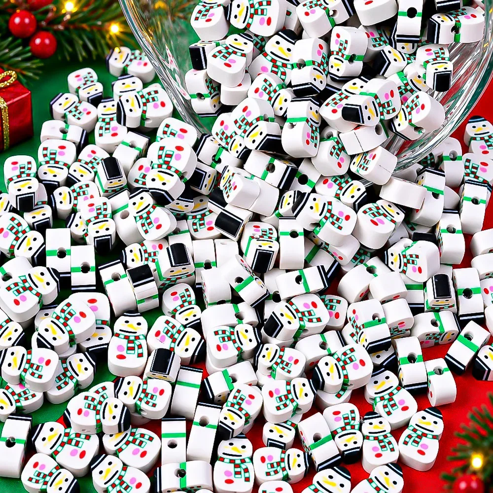 iYOE 30/50/100/150pcs 6-12mm Christmas Snowman Polymer Clay Beads Green Scarf for Jewelry Making New Year Xmas Gifts Supplies