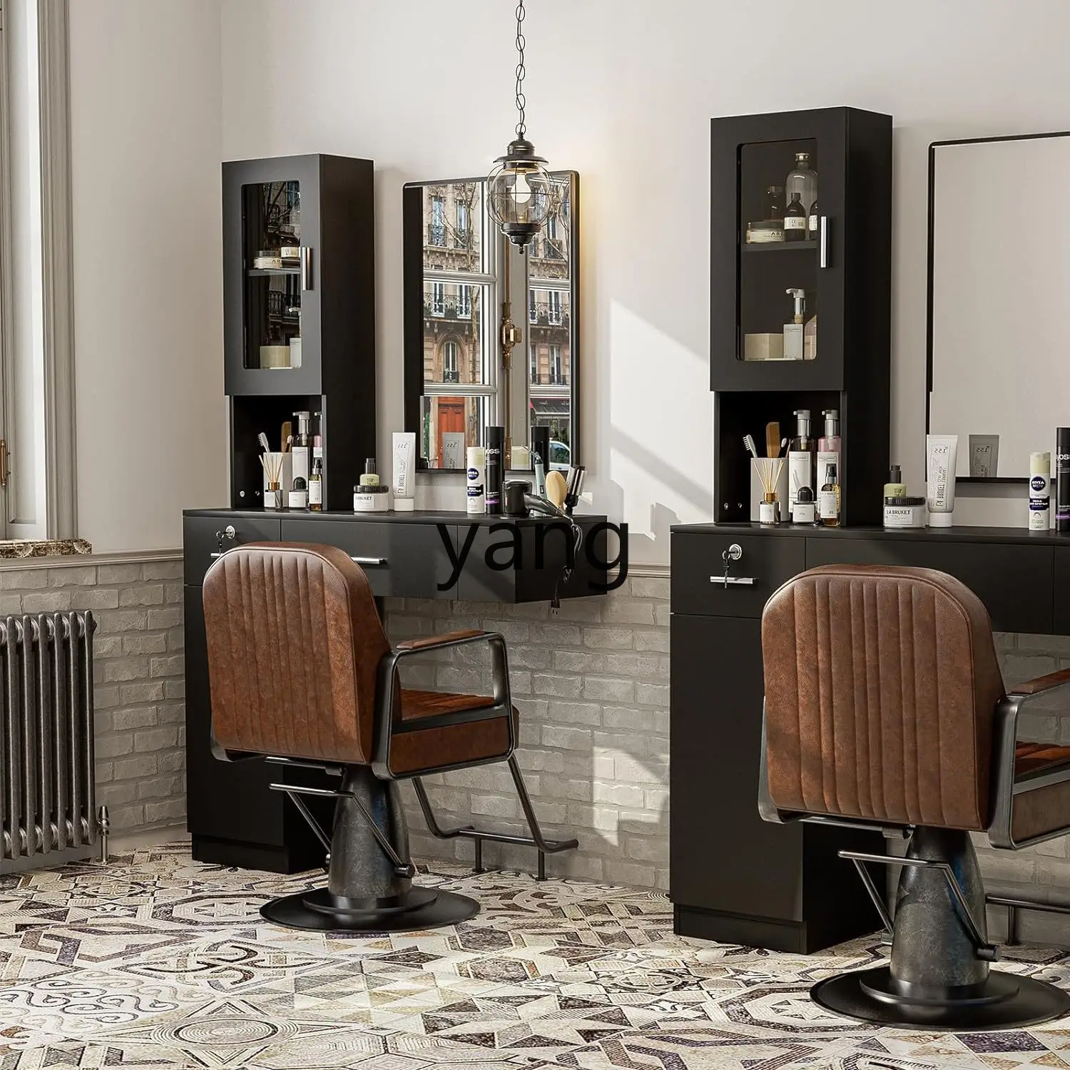 lmm1  Black Wall Mounted Haircut Mirror Table Salon Hairdresser with Locker
