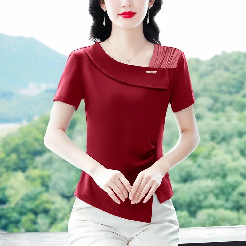 

Korean Fashion Women T Shirt Summer Clothing Short Sleeve Irregular Skew Collar Casual Top Slim Patchwork Mesh Lady Shirt