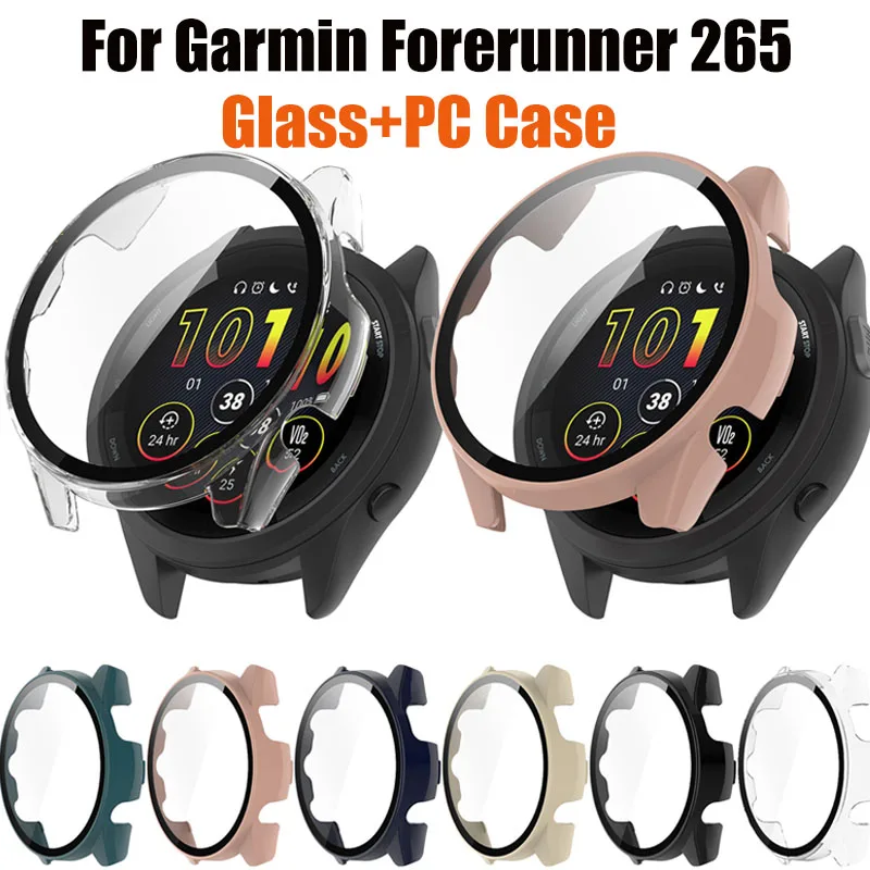 PC-Gehäuse + gehärtetes Glas für Garmin Forerunner 265, Displayschutzfolie, Stoßstange für Garmin Forerunner 265, schützende Stoßstangenschale