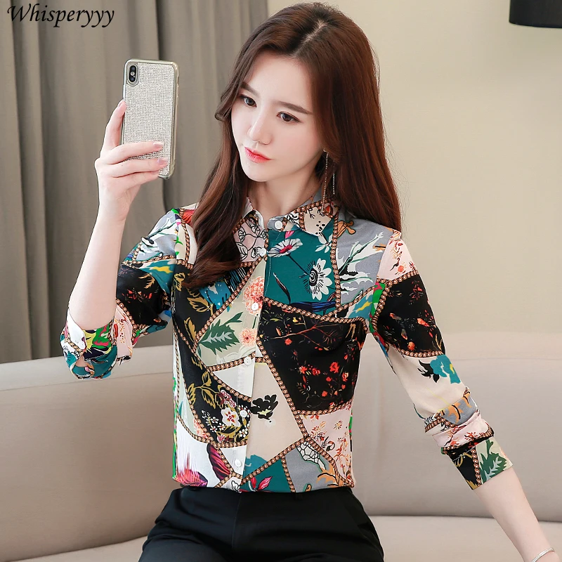 Printed Shirt Women Retro Blouse Long Sleeve Spring Autumn Fashion Loose Single-breasted Tops Turn-down Collar Camisas De Mujer