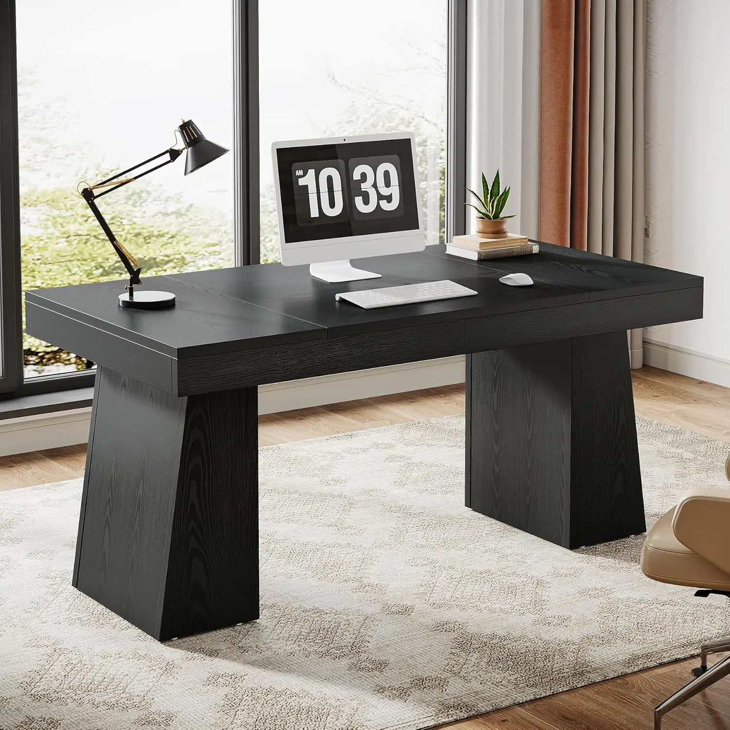 

55 Inches Executive Desk, Mid-Century Modern Home Office Desk with Double Trapezoid Base, Wood Computer Desk Business