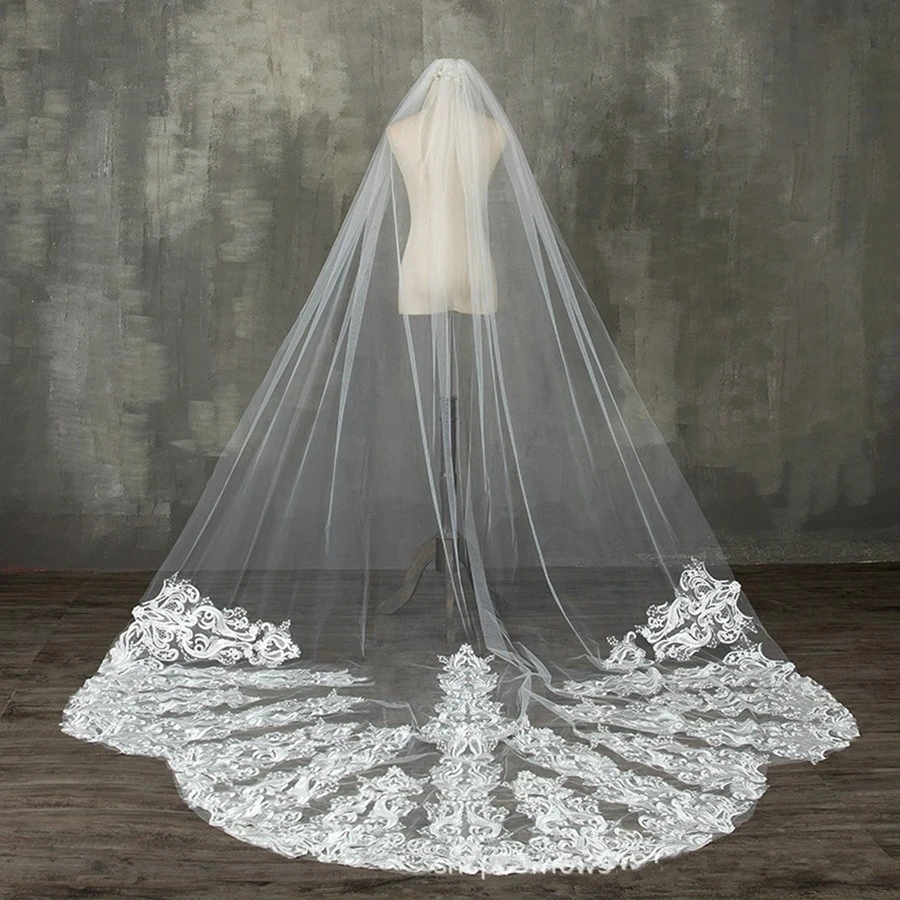 أنيقة الأبيض العاج كاتدرائية الحجاب الزفاف الدانتيل يزين Mariage العروس اكسسوارات الزفاف الحجاب الزفاف Mantilla de novia velo